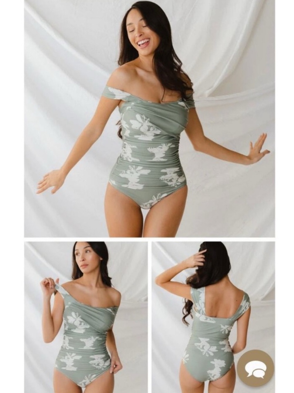 Albion Fit Sage Green Floral One Piece Swimsuit Wide Strap Off Shoulder XXXL